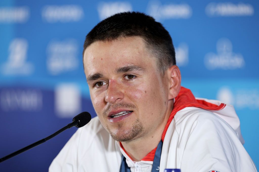 ELANCOURT FRANCE JULY 29 Gold medalist Thomas Pidcock of Team Great Britain during the press conference after the Mens CrossCountry on day three of the Olympic Games Paris 2024 at Elancourt Hill on July 29 2024 in Elancourt France Photo by Jared C TiltonGetty Images