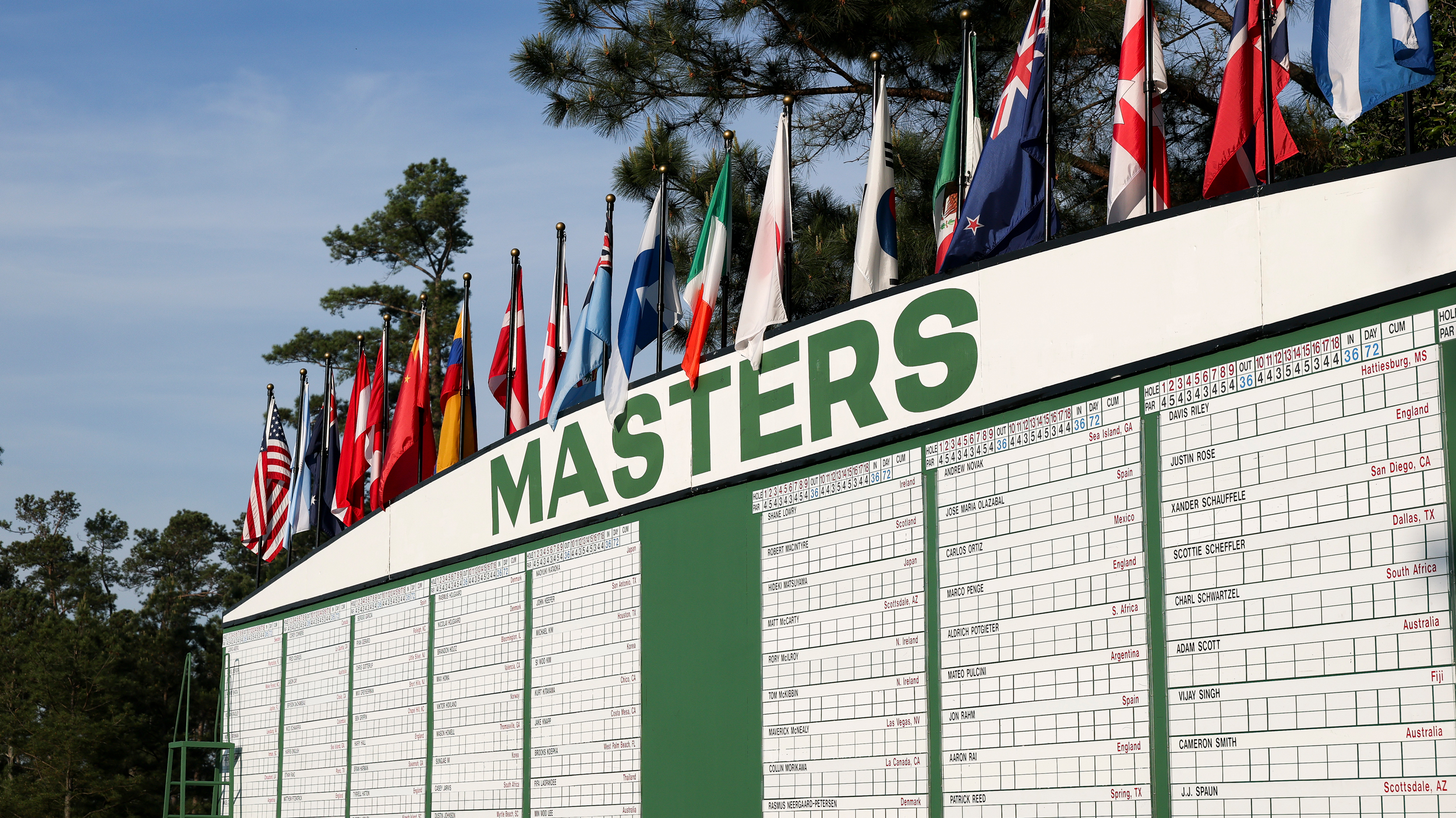 A large Masters leaderboard with flags on top
