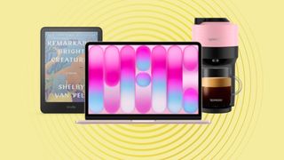 Kindle Colorsoft, Apple MacBook Neo, and Nespresso coffee machine arranged in collage on yellow background