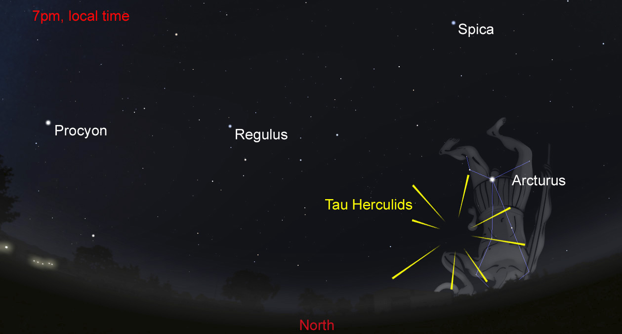 For observers across Australia, the Tau Herculids radiant is low in the northern sky around 7pm local time.