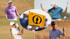 A yellow Open flag and insets of Matt Fitzpatrick, Wyndham Clark, Jordan Spieth and Justin Rose