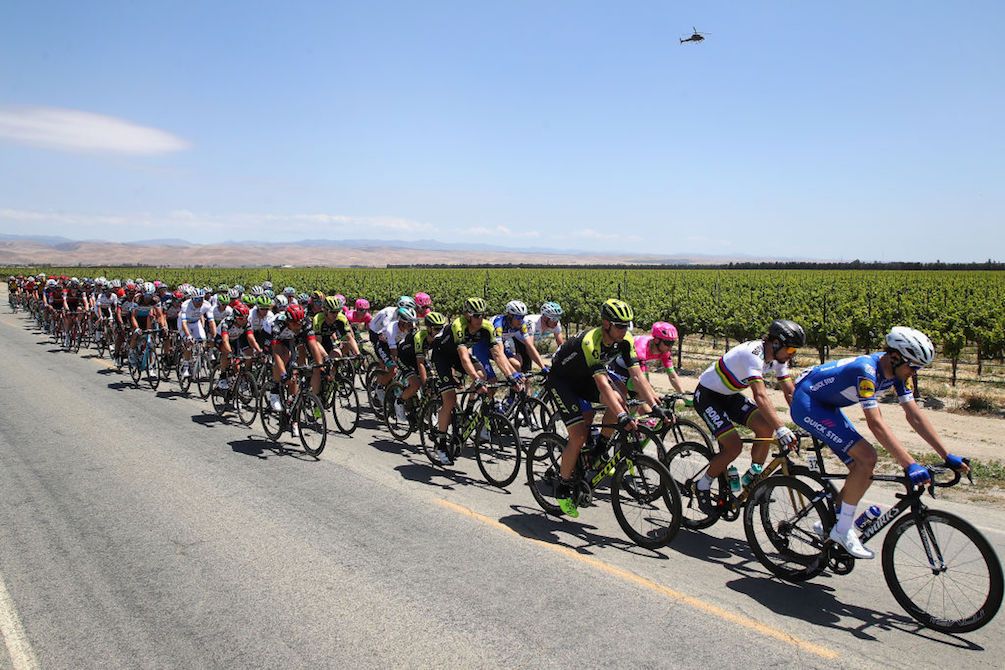 A TV helicopter keeps an eye on proceedings on stage 3 of the 2018 Tour of California