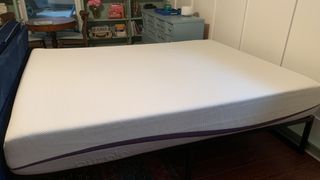Image shows the Purple Plus mattress placed on a black metal bed frame, ready for review testing