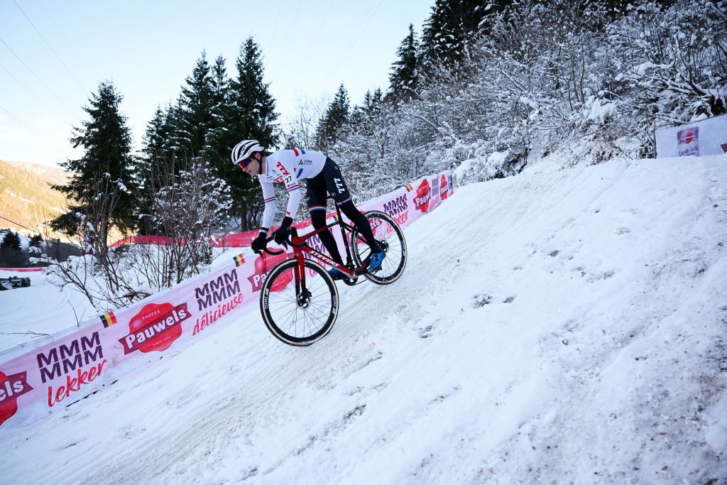 VAL DI SOLE ITALY DECEMBER 10 Cameron Mason of The United Kingdom and Team Cyclocross Reds competes during the 3rd UCI Cyclocross World Cup Val di Sole 2023 Mens Elite on December 10 2023 in Val di Sole Italy Photo by Dario BelingheriGetty Images