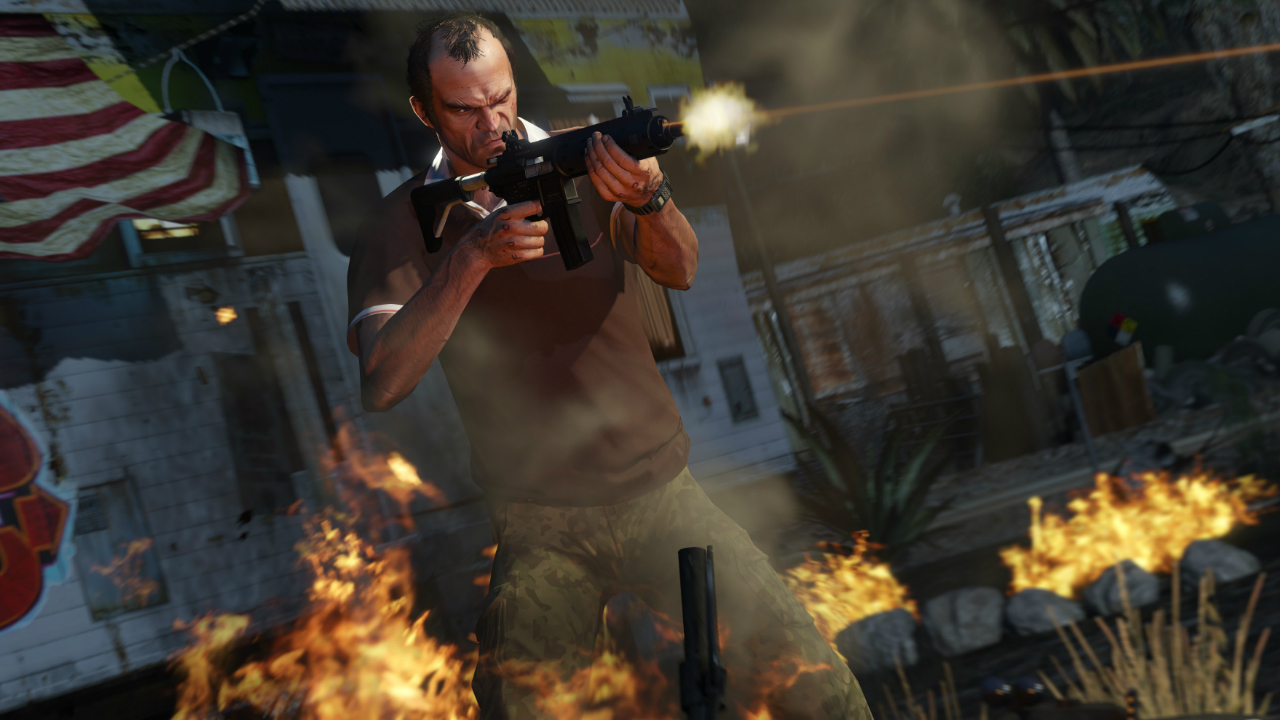 Trevor shooting a gun in GTA 5, one of our best PS4 games