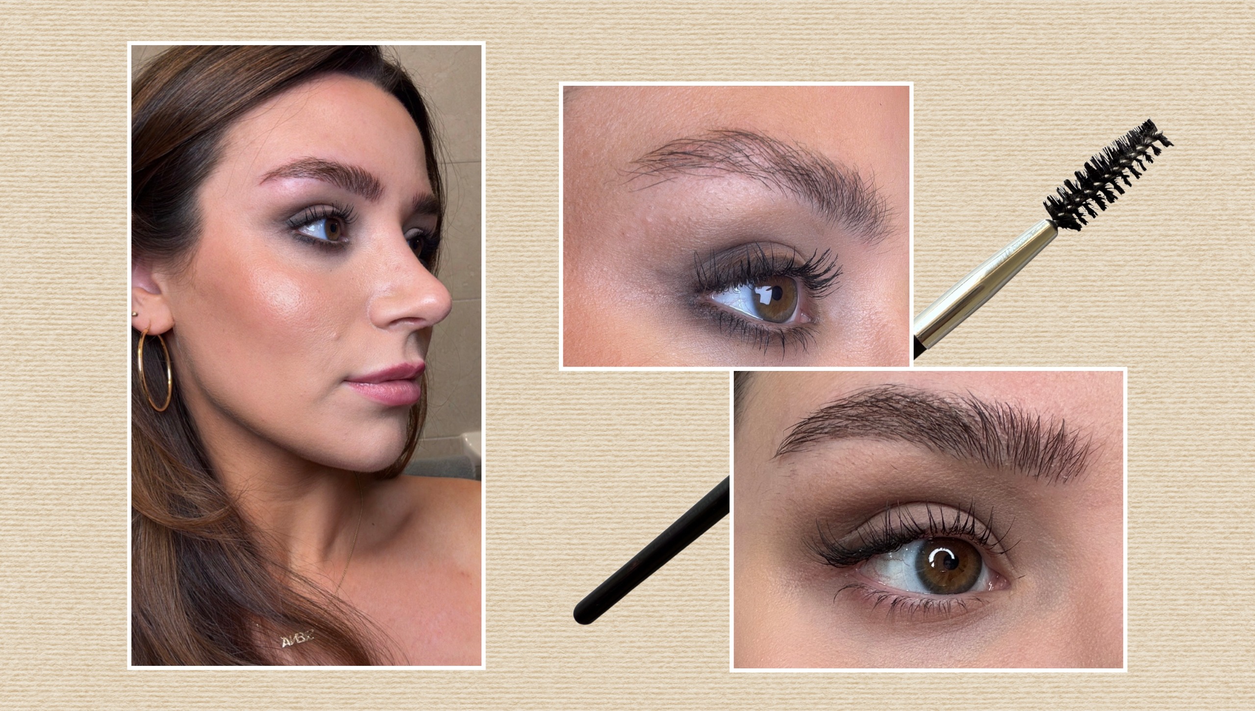 a girl with brown hair and her side profile pictured, then before and after nanobrows with an eyebrow spoolie on a tan background
