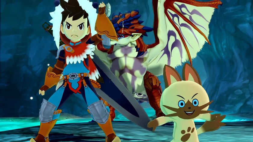 Trailer screenshot of the main, Ratha, and Navirou in Monster Hunter Stories