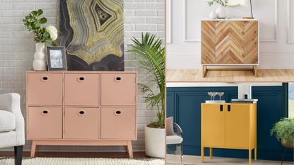 Small storage cabinets - three types, one in peach, one in yellow, one in wood