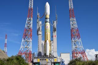 A Mitsubishi Heavy Industries-built H-IIB rocket carrying the HTV-8 cargo ship for the Japan Aerospace Exploration Agency stands atop its launchpad at Tanegashima Space Center for a Sept. 10, 2019 launch.