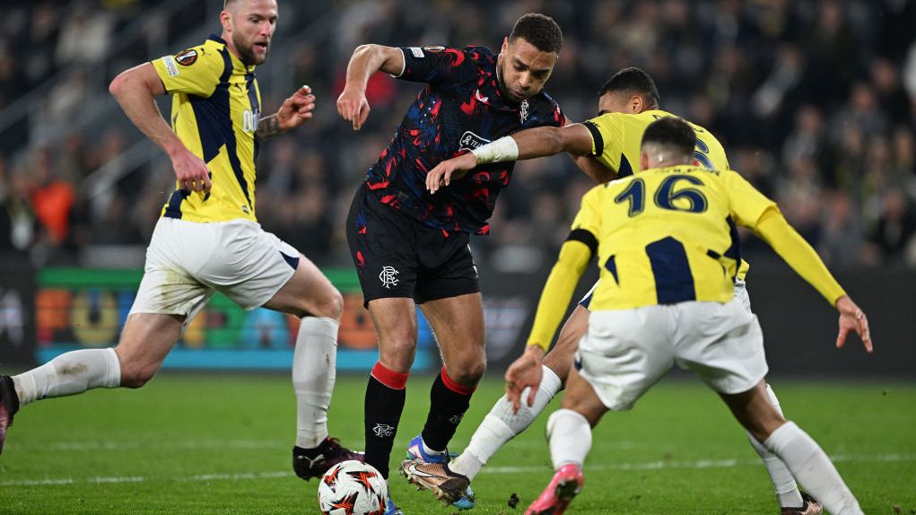 Glasgow Rangers&#039; Nigerian forward Cyriel Dessers runs with the ball during a UEFA Europa League round of 16 first-leg football match in March 2025