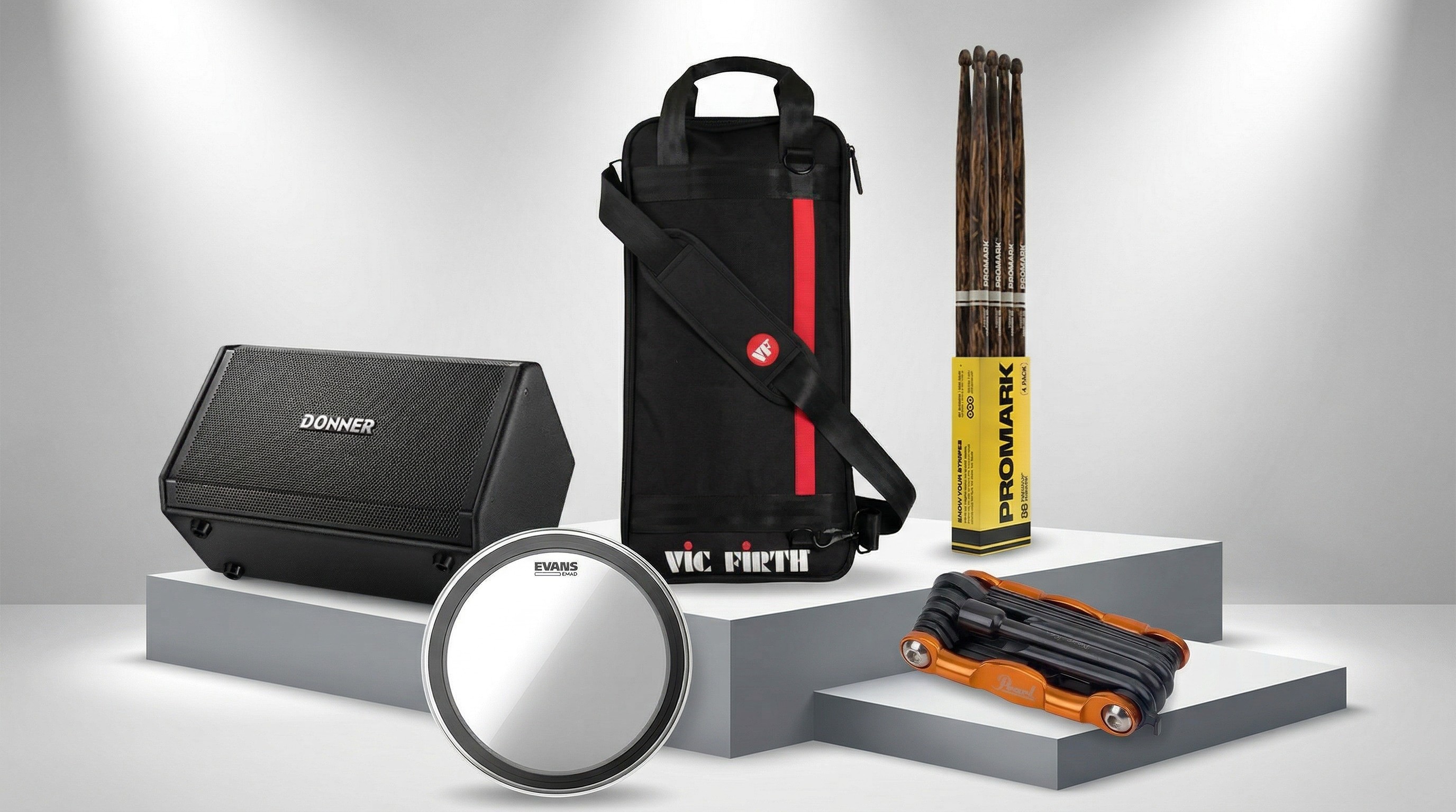 A rage of drum products being showcased against a grey background