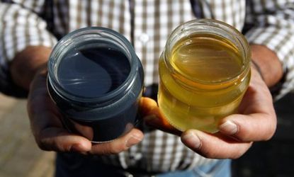 French apiarist Andre Frieh holds up samples of honey