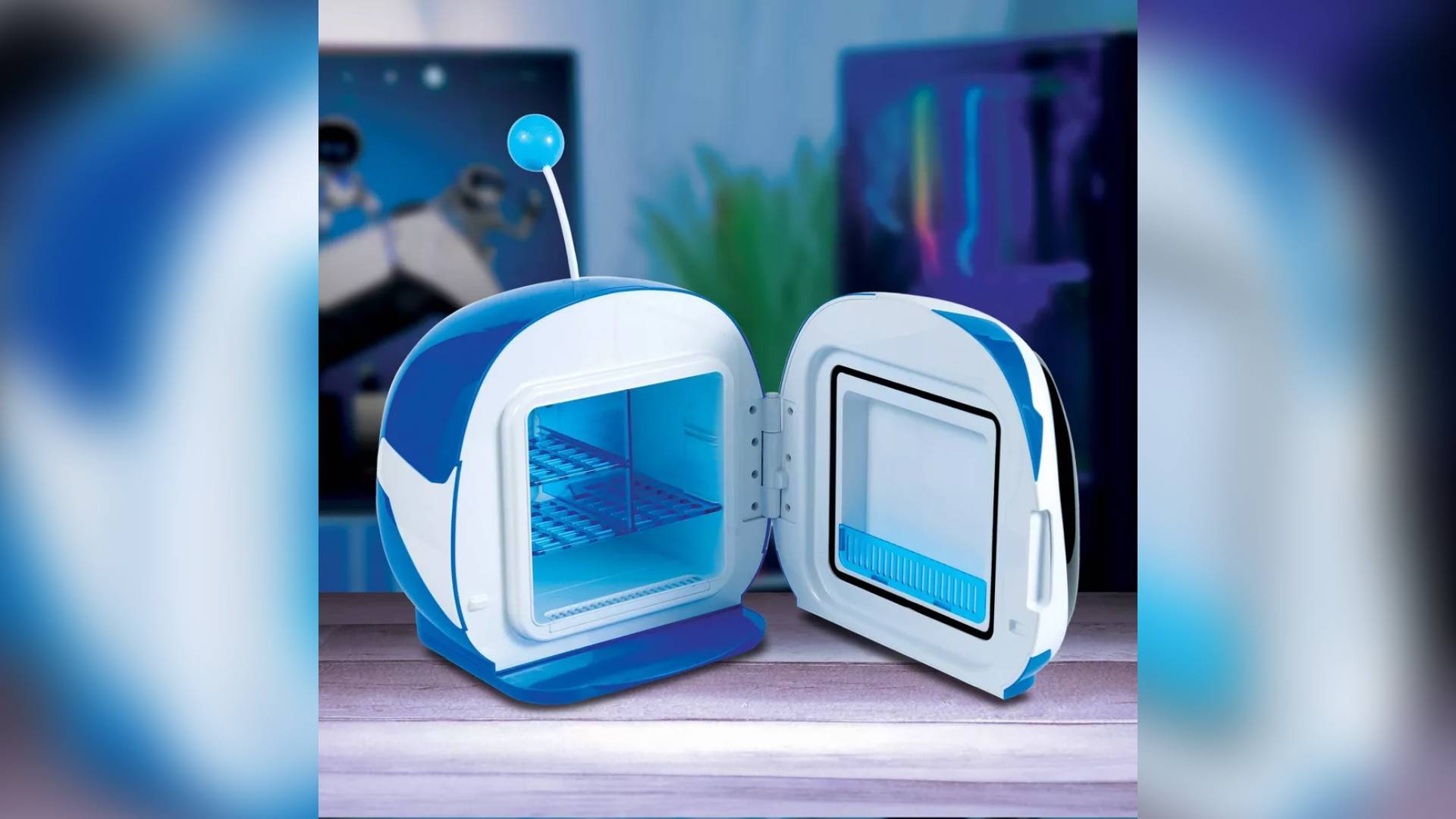 Official marketing image showing the interior of the Astro Bot Mini Fridge by Sony.