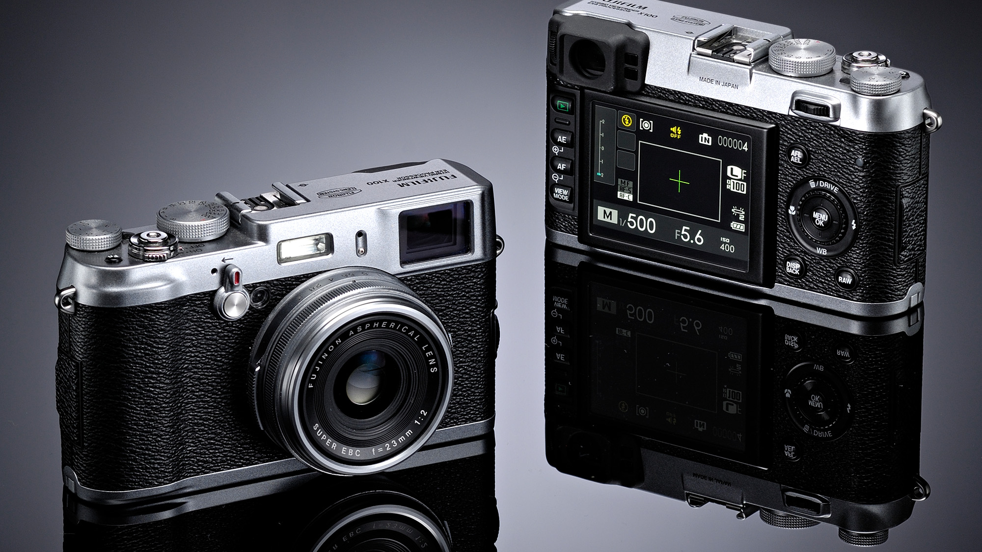 Fujifilm Finepix X100 camera product shot (front and back)