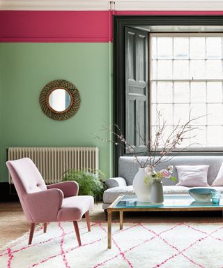 Green and pink colors in a living room