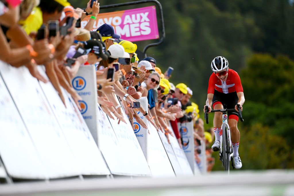 PLANCHE DES BELLES FILLES FRANCE JULY 31 Cecilie Uttrup Ludwig of Denmark and Team Fdj Nouvelle Aquitaine Futuroscope crosses the finish line during the 1st Tour de France Femmes 2022 Stage 8 a 1233km stage from Lure to La Super Planche des Belles Filles TDFF UCIWWT on July 31 2022 in Planche des Belles Filles France Photo by Tim de WaeleGetty Images