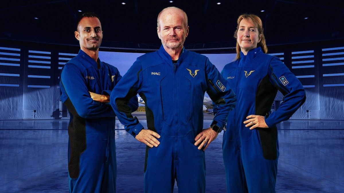 Virgin Galactic pilots Jameel Janjua (left), Dave Mackay (center) and Kelly Latimer (right) model their spacesuits, which were unveiled on Dec. 4, 2020.