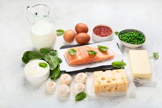 A range of foods high in vitamin d including cheese, milk and salmon