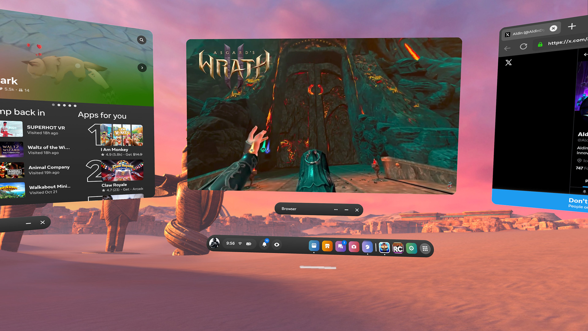 Running three windows while playing Asgard's Wrath 2 on a Meta Quest 3