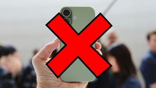 The iPhone 17 with a red x through it