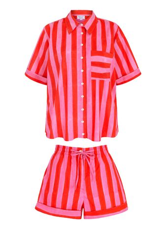 pink and red striped shorts and shirt set