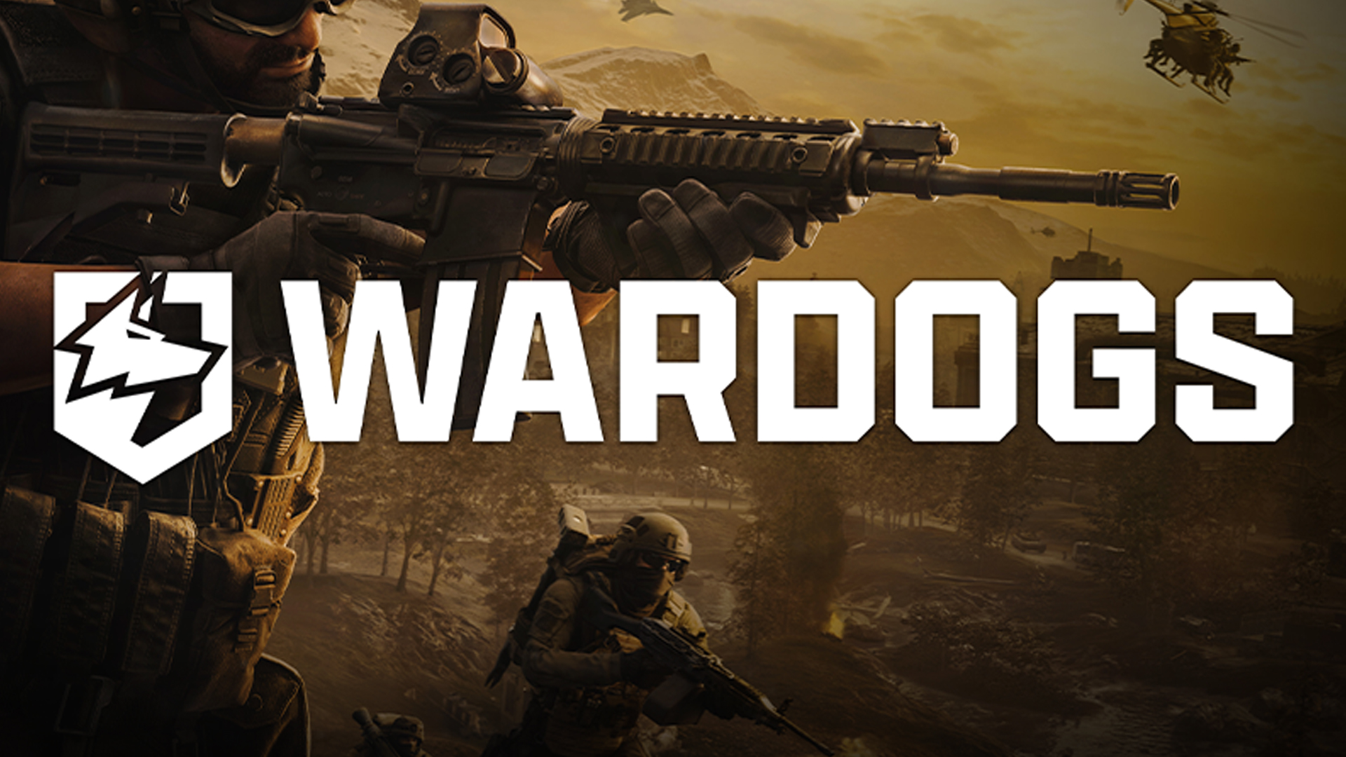 The logo for Wardogs with soldiers moving behind it, weapons raised