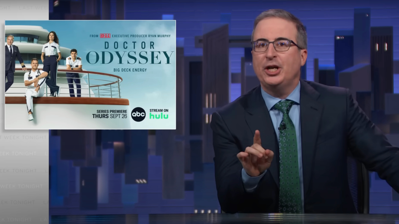 John Oliver gestures with intent while talking about Doctor Odyssey on Last Week Tonight S12 E12.