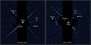 Two labeled images of the Pluto system, released on July 20, 2011, taken by the Hubble Space Telescope's Wide Field Camera 3 ultraviolet visible instrument with newly discovered fourth moon P4 circled. The image on the left was taken on June 28, 2011. The