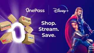 Image of Thor with OnePass and Disney Plus logos, surrounded by boxes outlining the OnePass retailer logos