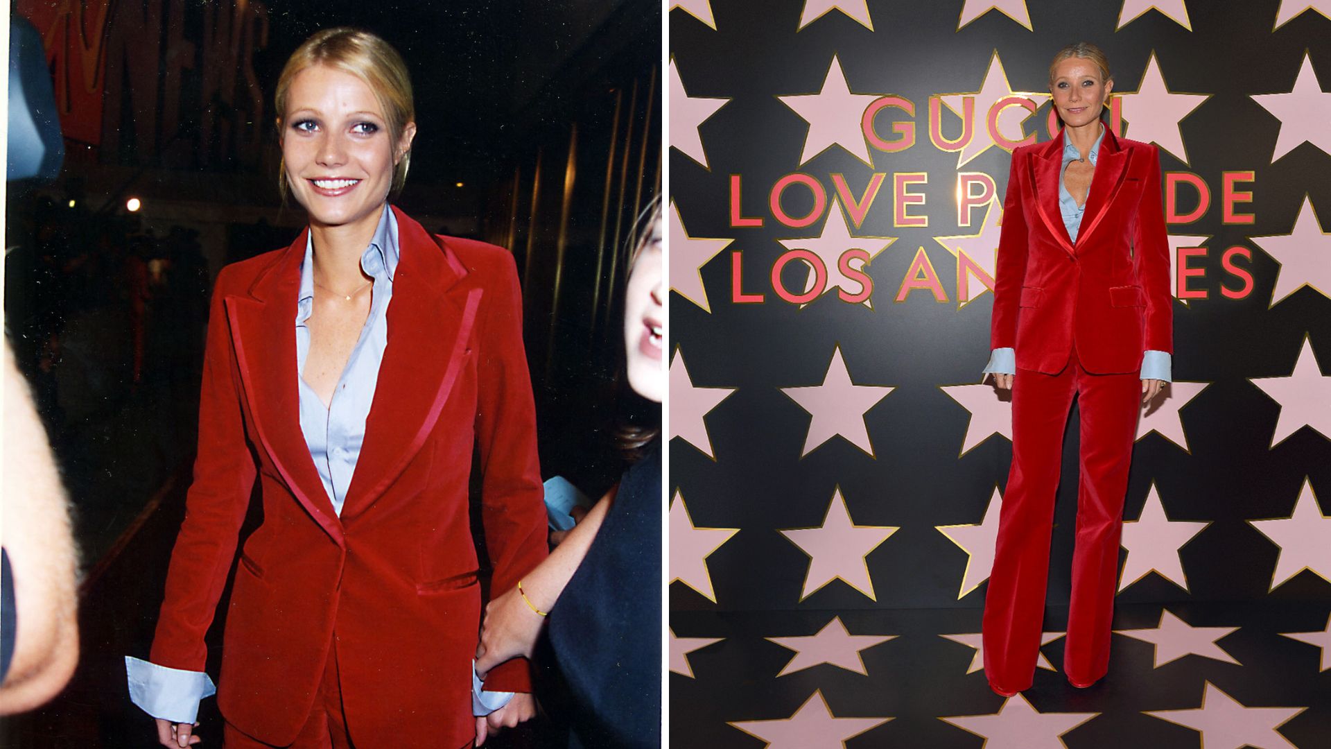 L-Gwyneth Paltrow wearing her red velvet suit in 1996, R-Gwyneth Paltrow wearing the red suit in 2021