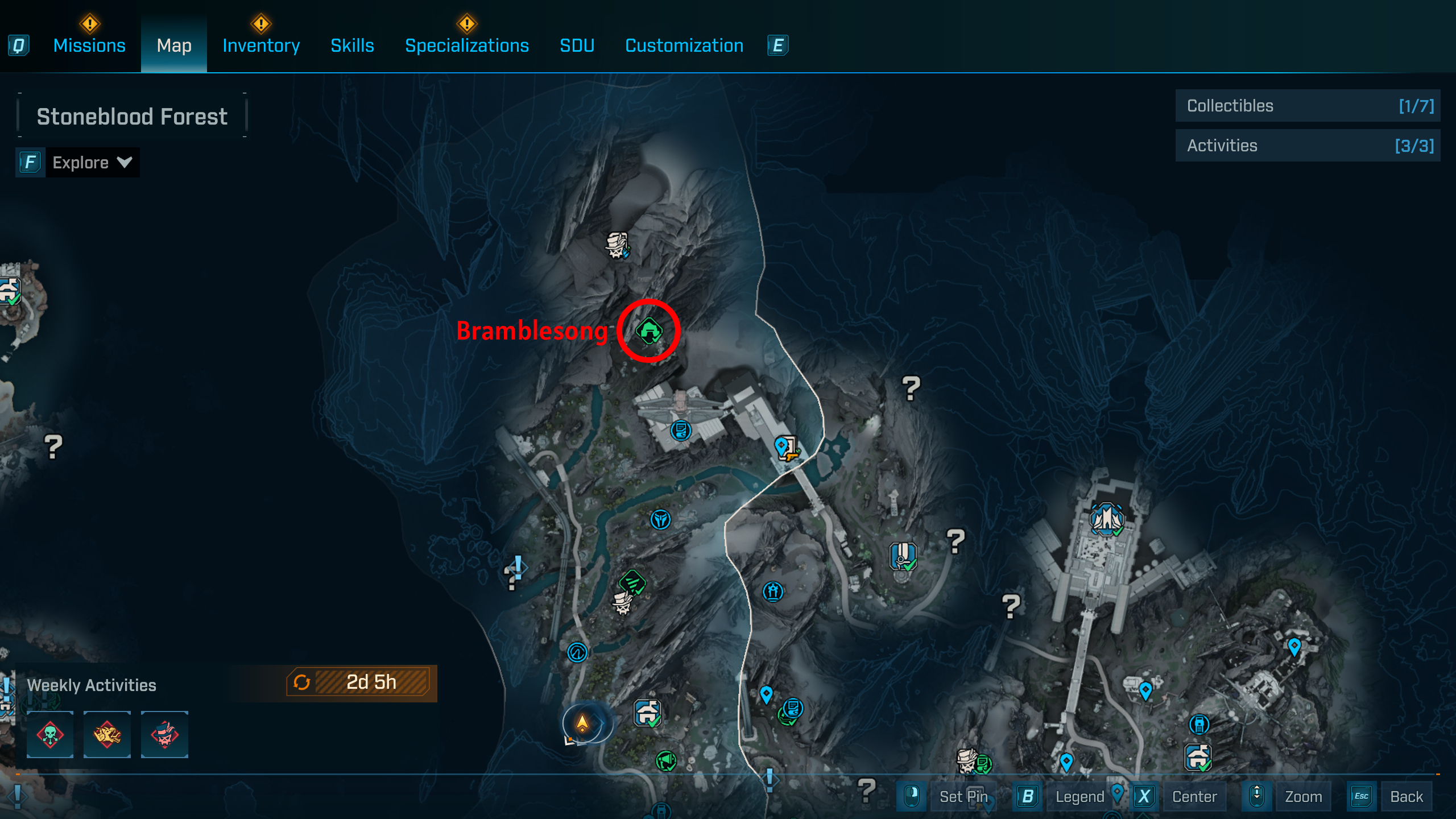 Borderlands 4 UVHM unlocks: A map with a red circle showing the location of the Bramblesong boss in Terminus Range.