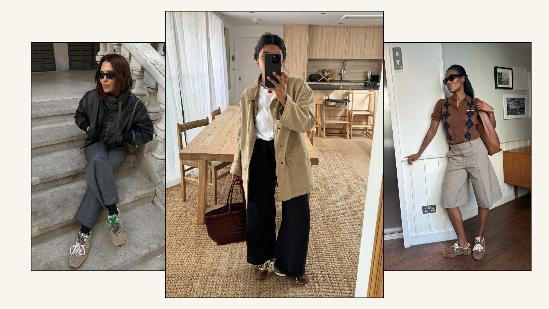 Three stylish women wearing brown trainers