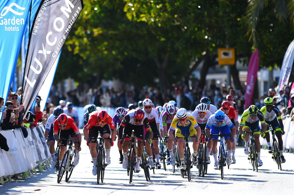 PALMA SPAIN JANUARY 30 Arnaud De Lie of Belgium and Team Lotto Soudal Giacomo Nizzolo of Italy and Team Israel StartUp Nation Hugo Hofstetter of France and Team Arkea Samsic Juan Sebastian Molano Benavides of Colombia and UAE Team Sasha Weemaes of Belgium and Team Sport Vlaanderen Baloise Luca Colnaghi of Italy and Team Bardiani Csf Faizane and Michael Matthews of Australia and Team BikeExchange Jayco sprint at finish line during the 1st Challenge Ciclista Mallorca 2022 Trofeo Playa De PalmaPalma a 1691km race from Playa de Palma to Palma ChallengeMallorca on January 30 2022 in Palma Spain Photo by Dario BelingheriGetty Images