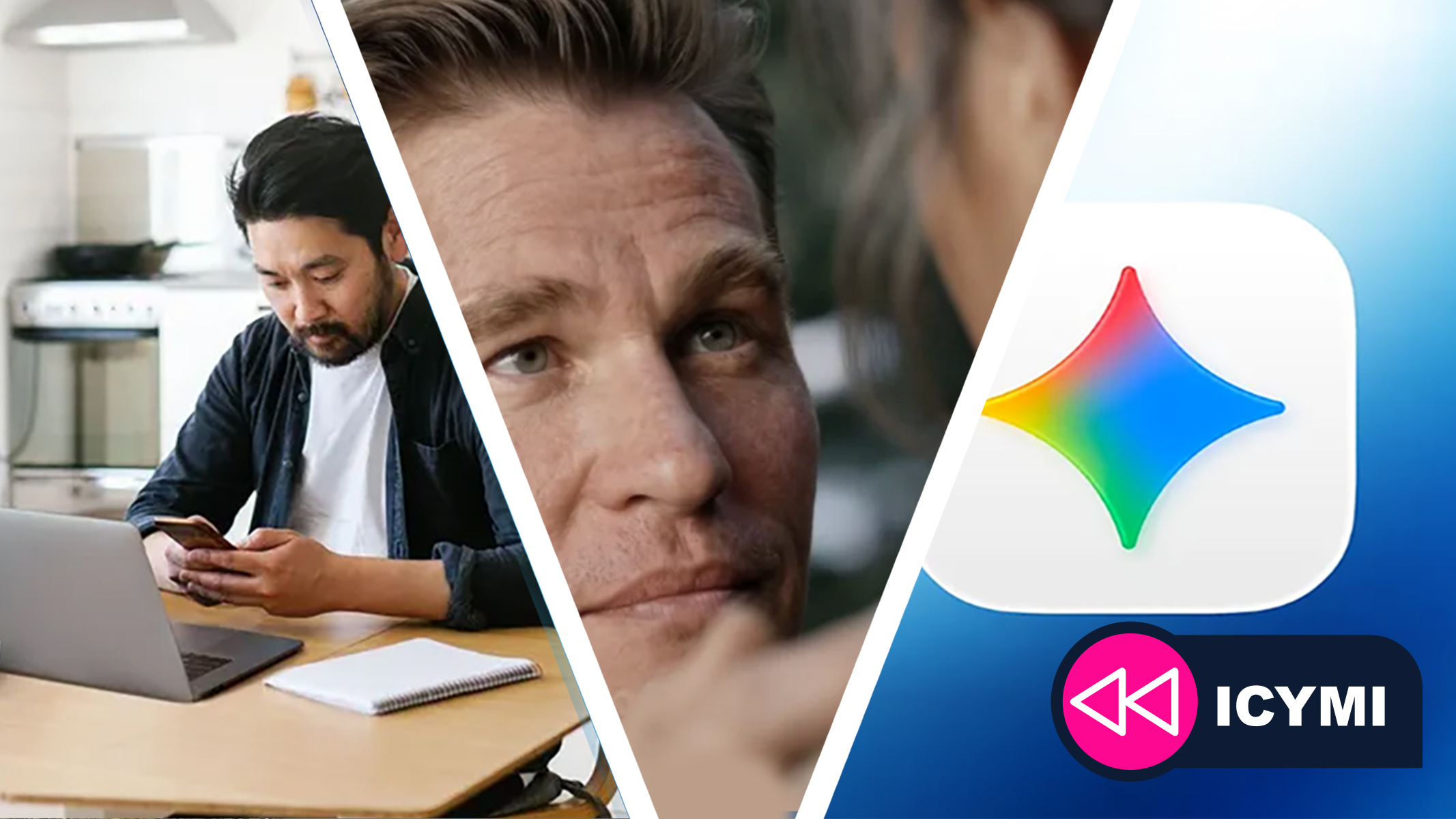 A collage of AI news images, including a man working at a desk, a still of Val Kilmer and Google Gemini logo