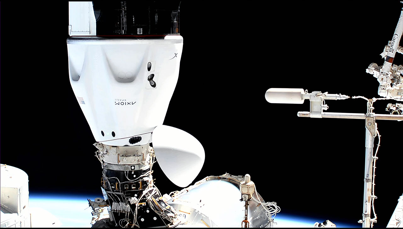 SpaceX's Crew Dragon Endeavor with the Axiom-1 crew docks with the International Space Station on Saturday, April 9, 2022.