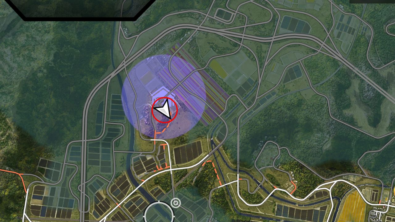 Forza Horizon 6 Barn Finds: A map with a red circle showing the location of the Barn Find within the purple search area.