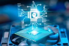 Advanced artificial intelligence silicon microchip mounted on a computer cooling fan, featuring glowing neural network circuit graphics for generative AI, machine learning, and cloud computing.
