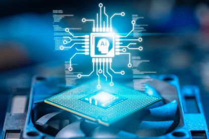 Advanced artificial intelligence silicon microchip mounted on a computer cooling fan, featuring glowing neural network circuit graphics for generative AI, machine learning, and cloud computing.
