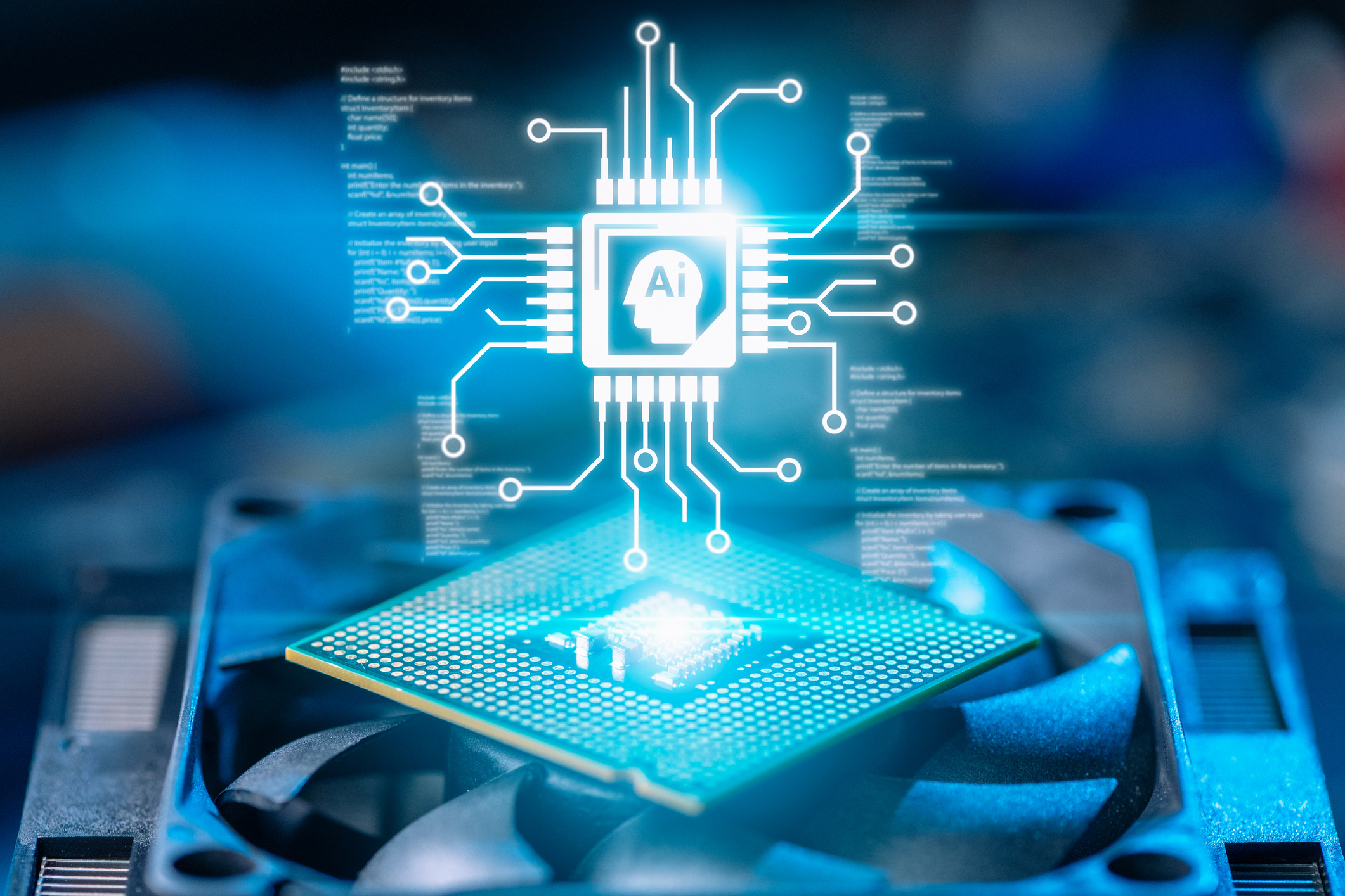 Advanced artificial intelligence silicon microchip mounted on a computer cooling fan, featuring glowing neural network circuit graphics for generative AI, machine learning, and cloud computing.