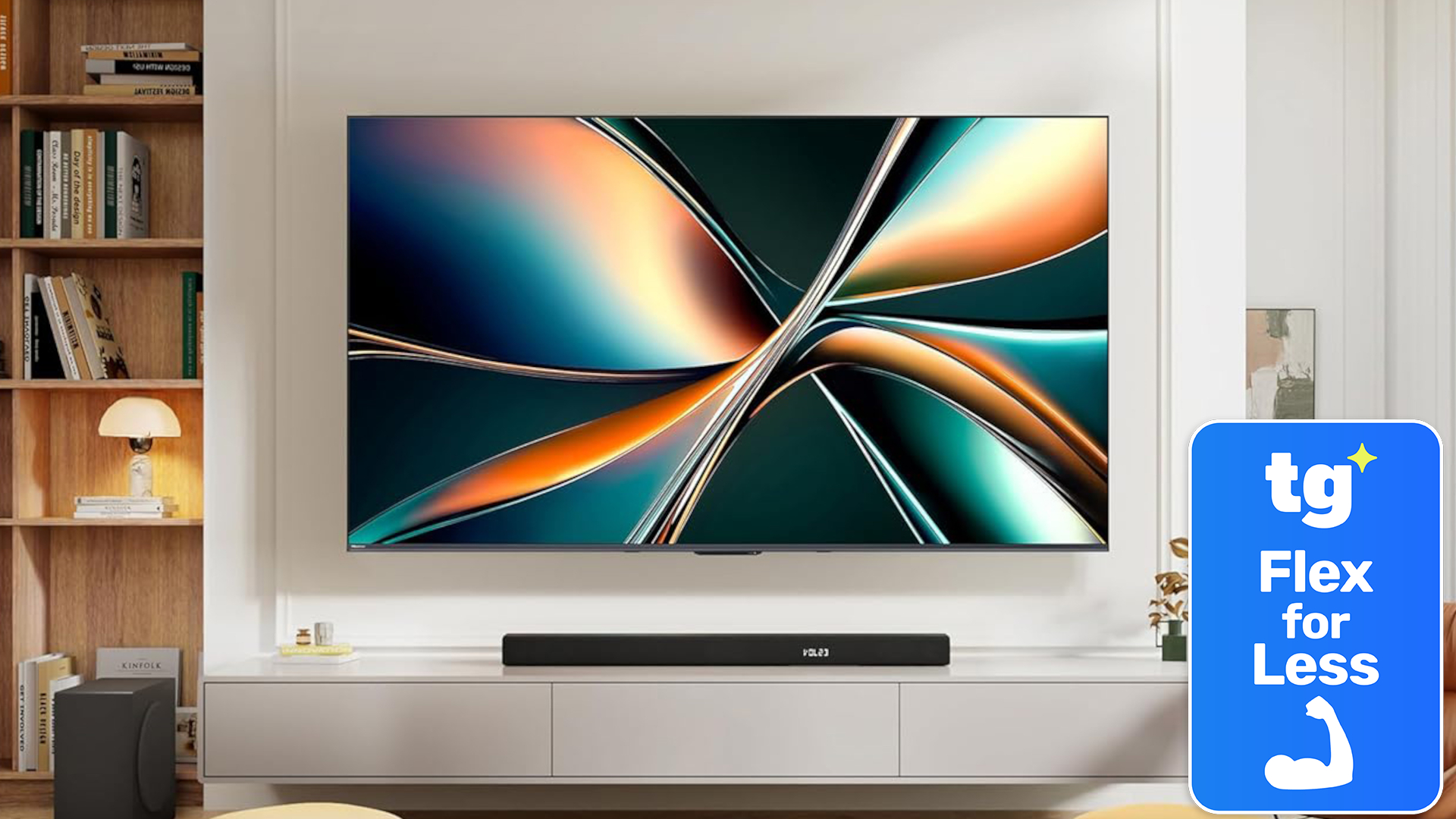 The Hisense U65QF Mini-LED TV, wall-mounted in a modern living room setting alongside a super-imposed, blue-colored badge that reads: "TG Flex for Less"