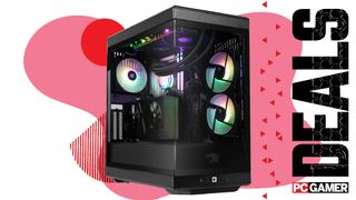 An iBuyPower Y40 Pro gaming PC on a pink and red custom PC Gamer Deals background.