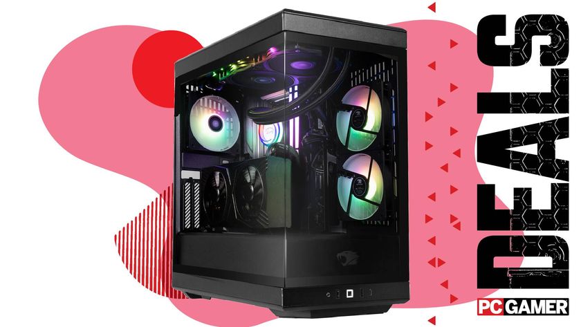 An iBuyPower Y40 Pro gaming PC on a pink and red custom PC Gamer Deals background.