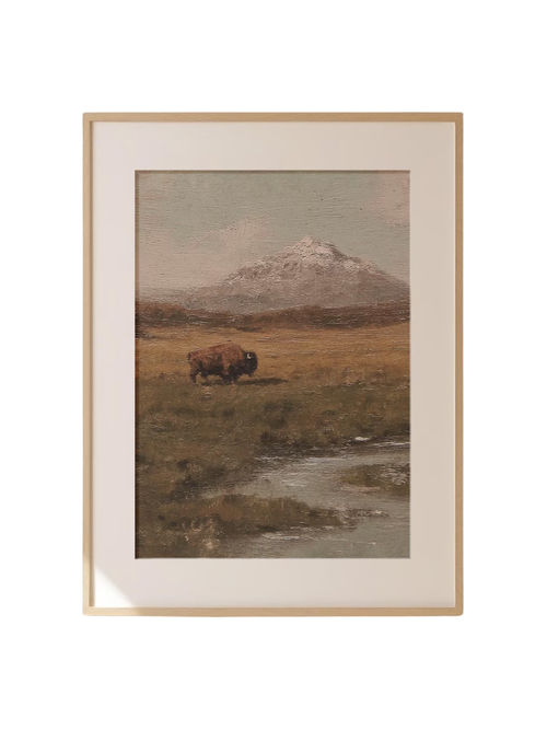 Lone Bison in a Field Vintage Oil Painting