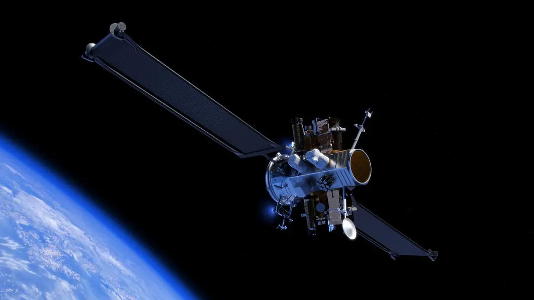 a satellite with many parts floats in space above Earth.
