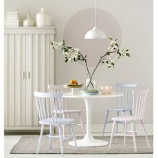 pastel dining area circle painted in manna ash with elgin dining chairs