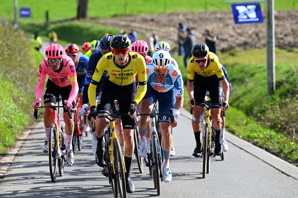WAREGEM BELGIUM MARCH 27 LR Alberto Bettiol of Italy and Team EF Education EasyPost Matteo Jorgenson of The United States and Team Visma Lease a Bike and John Degenkolb of Germany and Team dsmfirmenich PostNL compete in the chase group during the 78th Dwars Door Vlaanderen 2024 Mens Elite a 1886km one day race from Roeselare to Waregem UCIWT on March 27 2024 in Waregem Belgium Photo by Tim de WaeleGetty Images