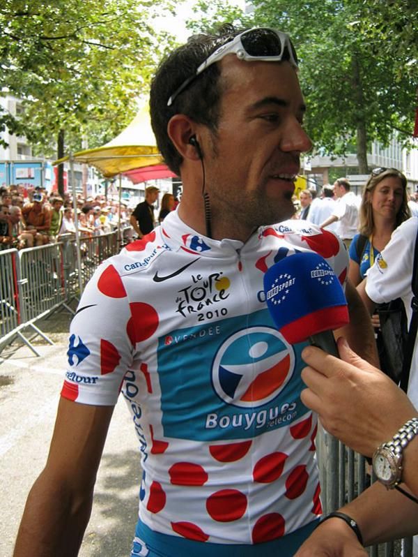 The polka-dot jersey means Charteau is in demand for interviews.
