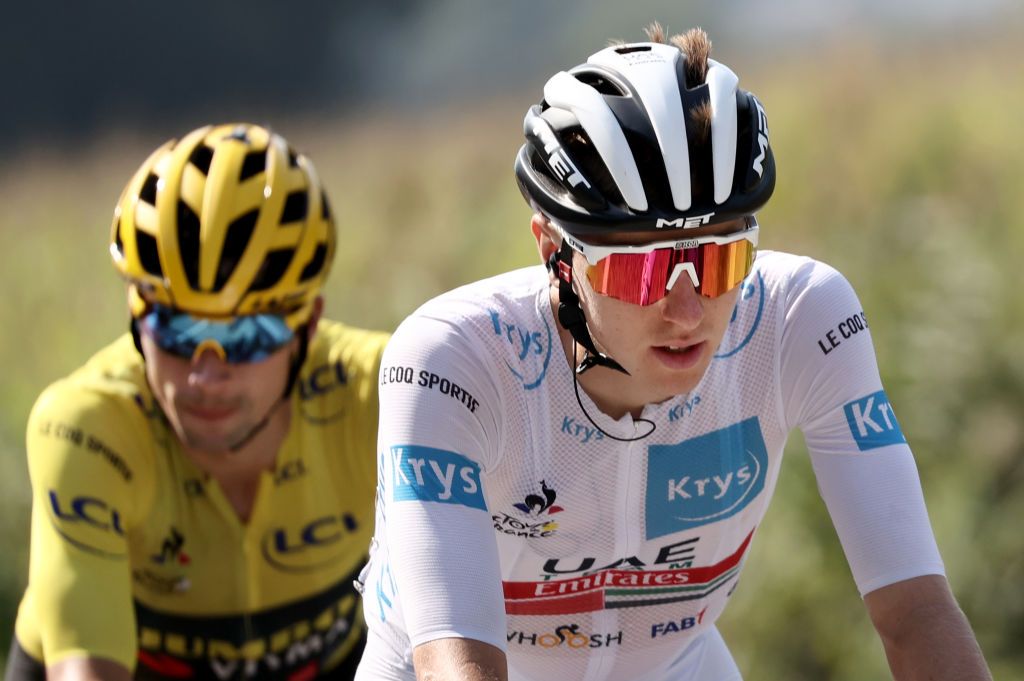 Team Jumbo rider Slovenias Primoz Roglic wearing the overall leaders yellow jersey and Team UAE Emirates rider Slovenias Tadej Pogacar R wearing the best youngs white jersey ride during the 17th stage of the 107th edition of the Tour de France cycling race 170 km between Grenoble and Meribel on September 16 2020 Photo by KENZO TRIBOUILLARD AFP Photo by KENZO TRIBOUILLARDAFP via Getty Images