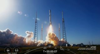 A SpaceX Falcon 9 rocket launches 114 small satellites from Cape Canaveral Space Force Station, Florida on the Transporter-6 mission on Jan. 3, 2022.
