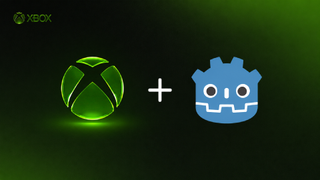Godot and XBOX logos displayed side by side on a green gradient background, highlighting Xbox's new support and development tools for Godot game creators.